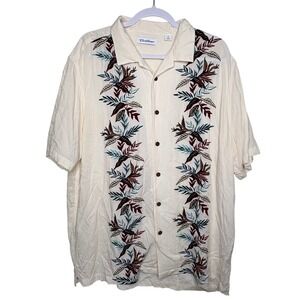 Vtg Caribbean Rayon Camp Shirt XL Cream Vertical Floral Embroidery Soft Drape